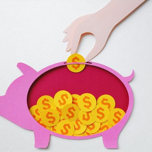 Paper craft illustration of money saving concept. Man putting coin in piggy bank.